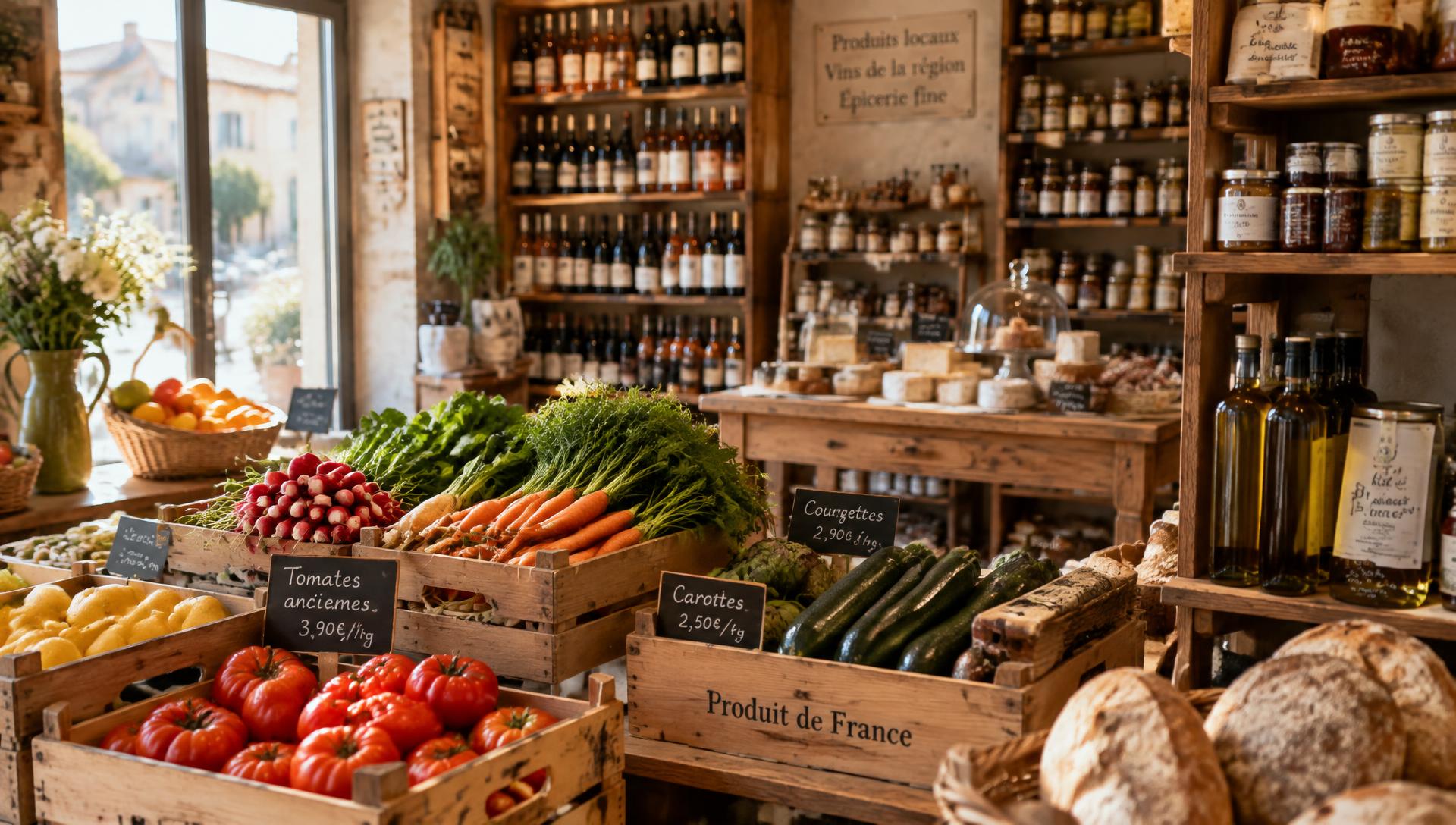 L'intérieur de l'épicerie Le Nouvel Élan avec ses cagettes de légumes et ses vins